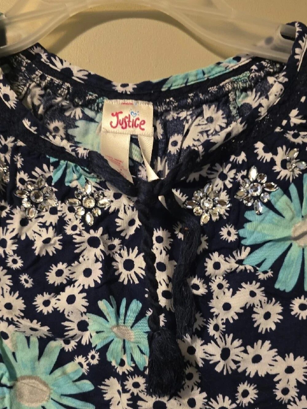 Justice Navy Daisy Tie-back Crop Top with Aqua Accents